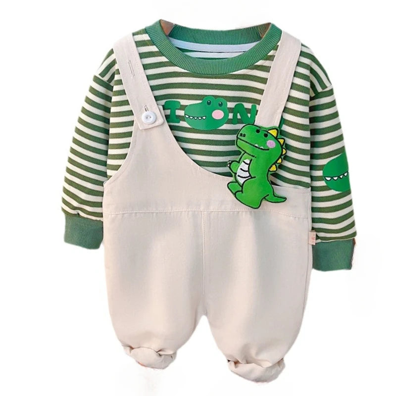 Yamza Tots Closet baby girls and boys clothing striped green dinosaur shirt with cream overalls