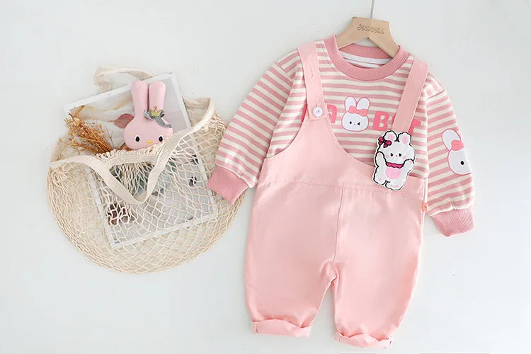 Yamza Tots' Closet baby girls and boys clothing pink striped long sleeve top with overalls
