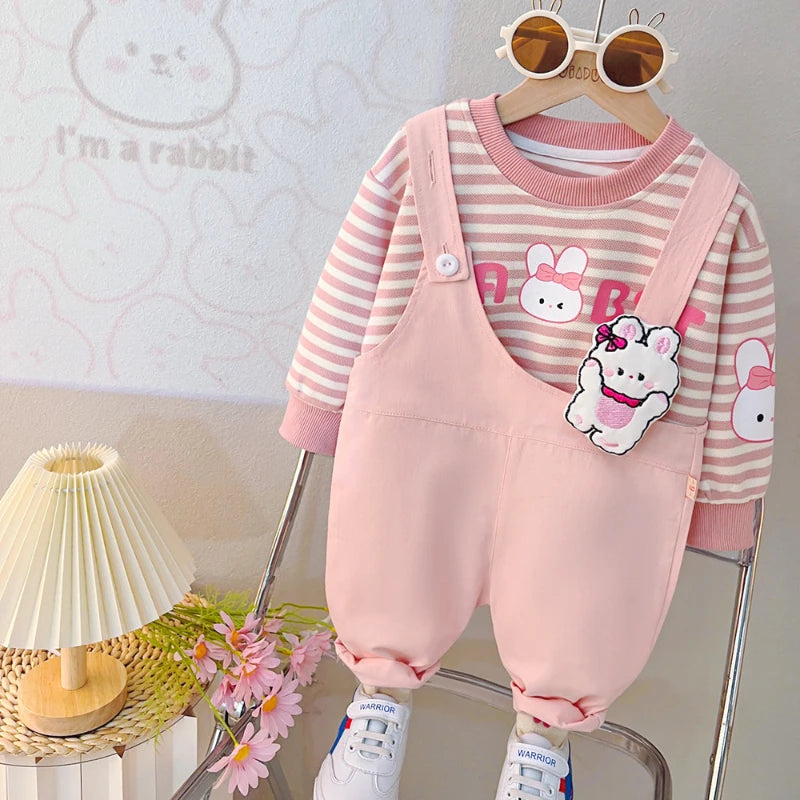 Yamza Tots Closet baby girls and boys clothing pink striped long sleeve top with pink overalls