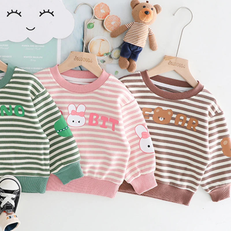 Baby girls and boys clothing striped sweatshirts with animal designs in green pink and brown colors