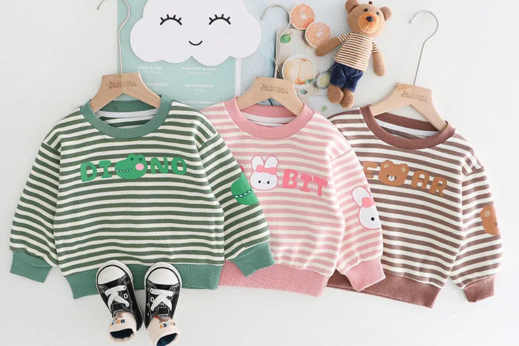 Yamza Tots Closet striped baby girls and boys clothing featuring dinosaur pink bunny and bear designs