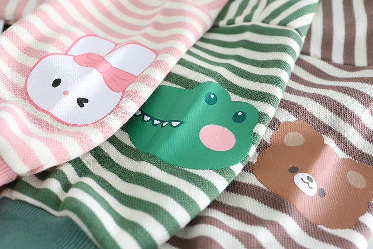Yamza Tots Closet striped baby girls and boys clothing with cute animal prints including bunny frog and bear