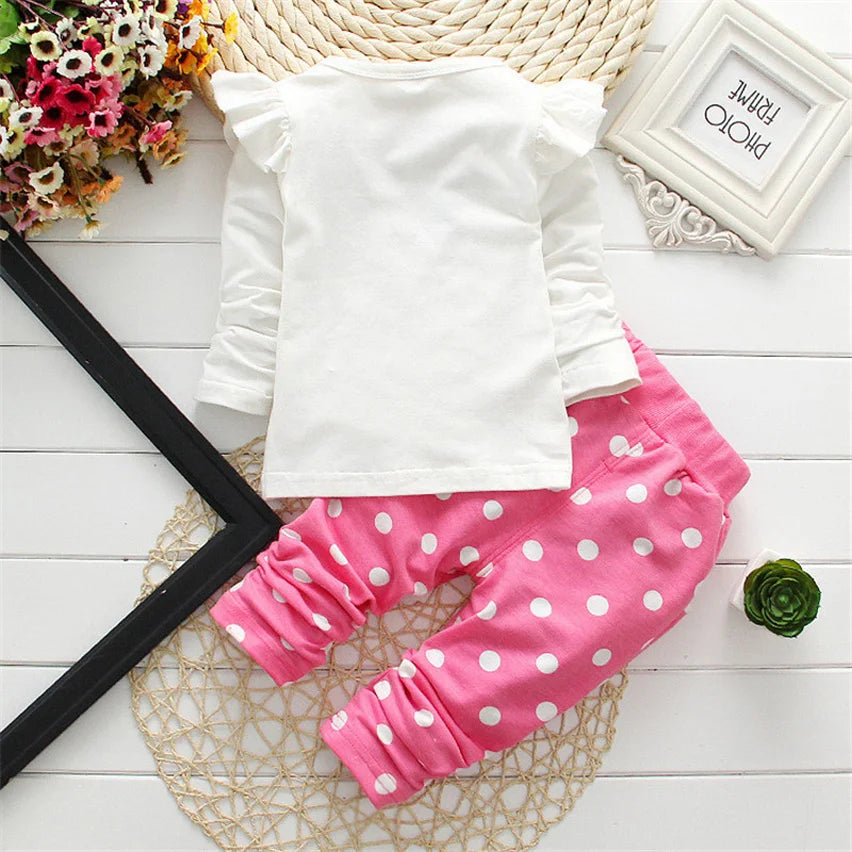 Baby Girls Clothing Set Bow Dot T-Shirt and Pant Cotton Tracksuit Spring Wear with white ruffle sleeve top and pink polka dot pants