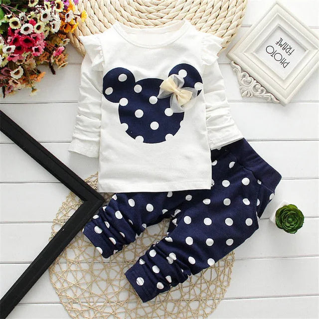 Baby Girls Clothing Set Bow Dot T-Shirt and Pant Cotton Tracksuit Spring Wear with navy polka dot pants and white long sleeve top