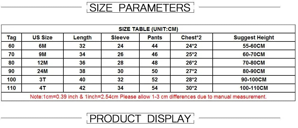 Size chart for Yamza Tots Closet Baby Girls Clothing Set Bow Dot T-Shirt and Pant Cotton Tracksuit Spring Wear
