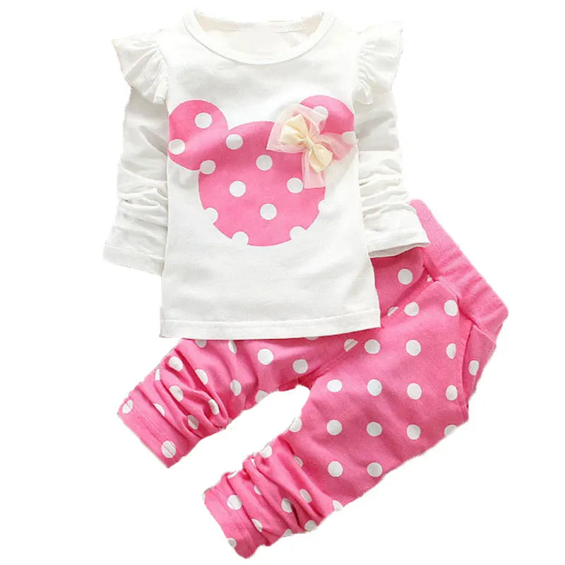 Baby Girls Clothing Set Bow Dot T-Shirt and Pant Cotton Tracksuit Spring Wear with pink polka dot pants and white long sleeve top