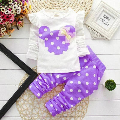 Baby Girls Clothing Set Bow Dot T-Shirt and Pant Cotton Tracksuit Spring Wear in purple with white polka dots