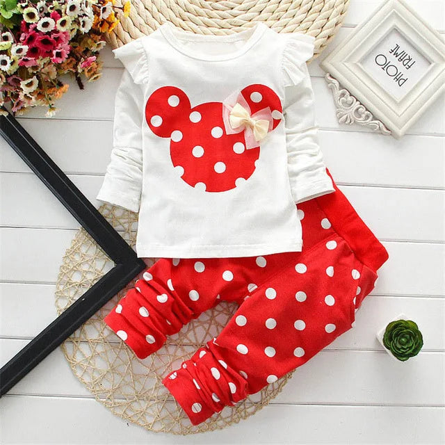 Baby Girls Clothing Set Bow Dot T-Shirt and Pant Cotton Tracksuit Spring Wear with red polka dot pants and white top