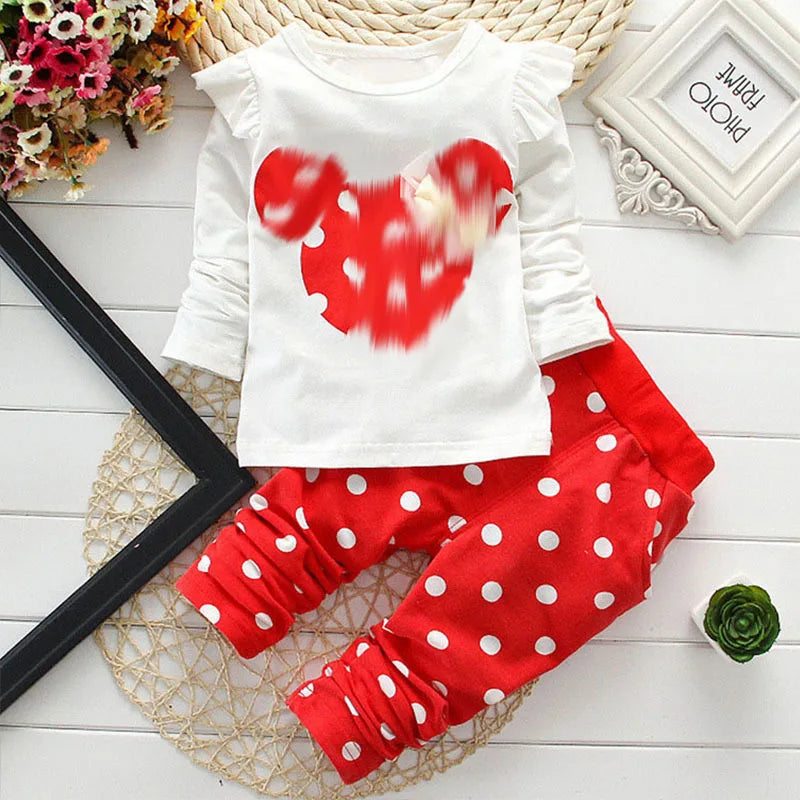 Baby Girls Clothing Set Bow Dot T-Shirt and Pant Cotton Tracksuit Spring Wear with white top and red polka dot pants