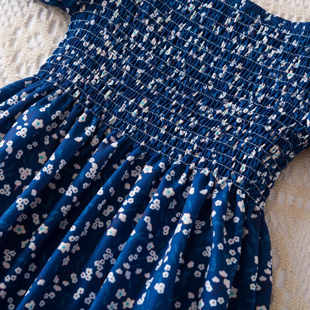 Baby Girls Floral Short Sleeve Dress Casual Summer Outfit for Kids in blue with white flower print