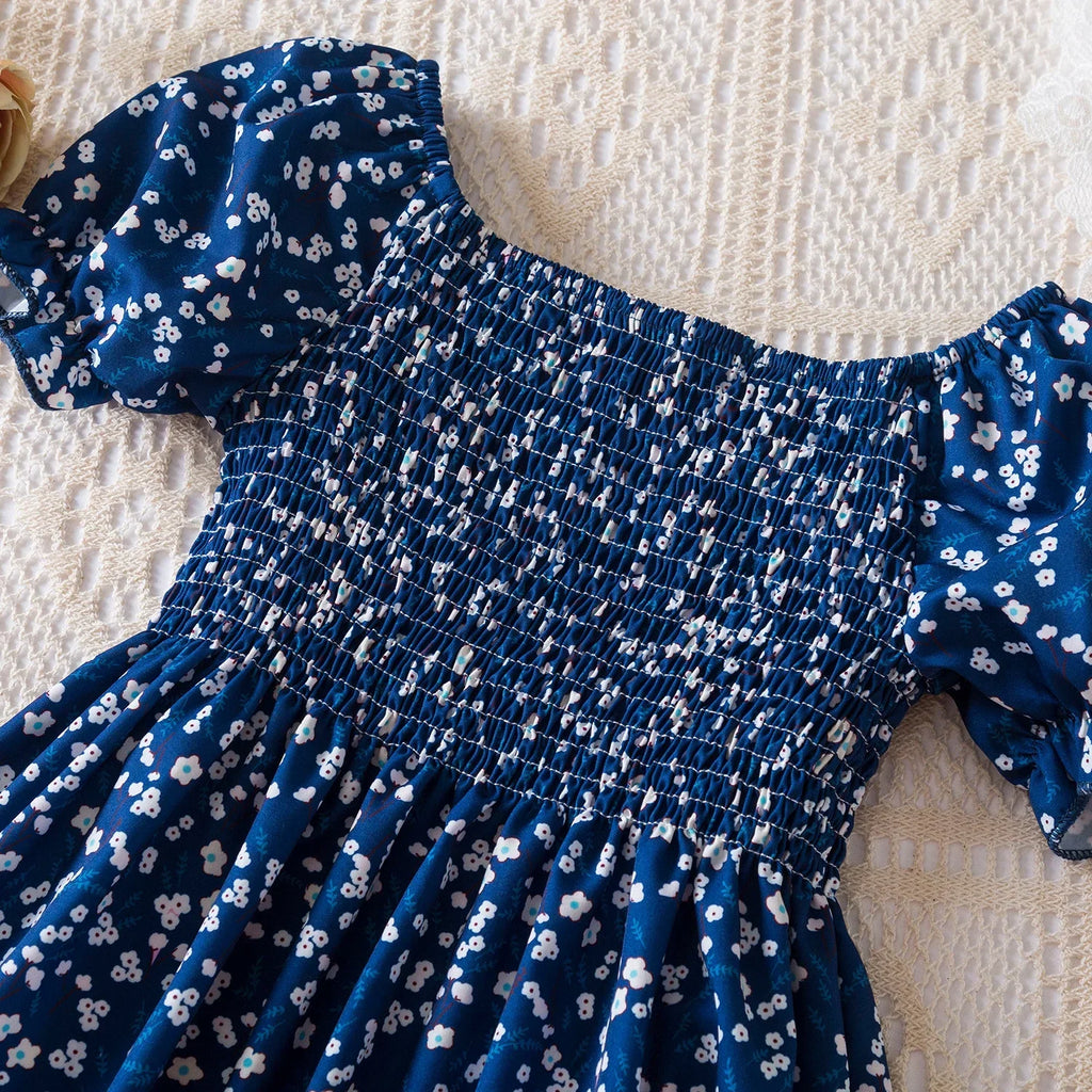 Baby Girls Floral Short Sleeve Dress Casual Summer Outfit for Kids in navy blue with white flowers and puff sleeves