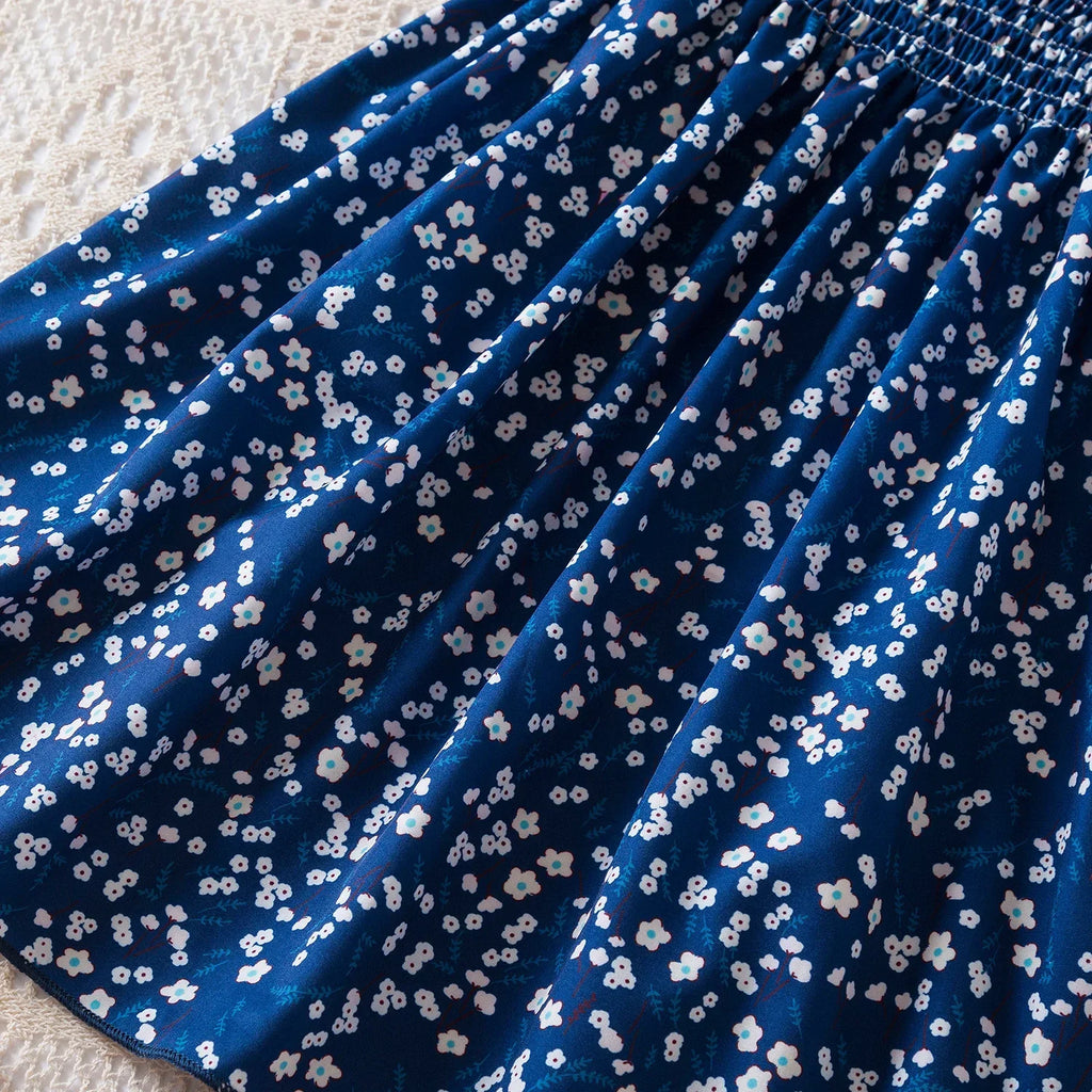 Baby Girls Floral Short Sleeve Dress Casual Summer Outfit for Kids in blue with white flowers