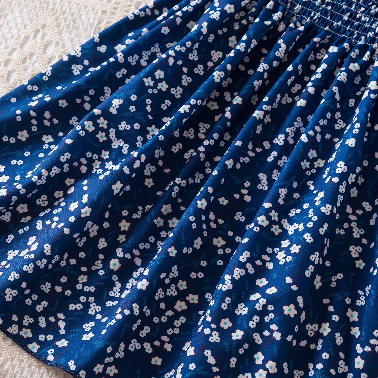 Baby Girls Floral Short Sleeve Dress Casual Summer Outfit for Kids in blue with white flowers