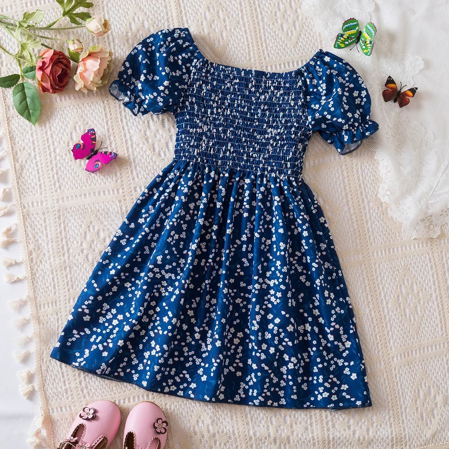Baby Girls Floral Short Sleeve Dress Casual Summer Outfit for Kids in navy blue with white flowers