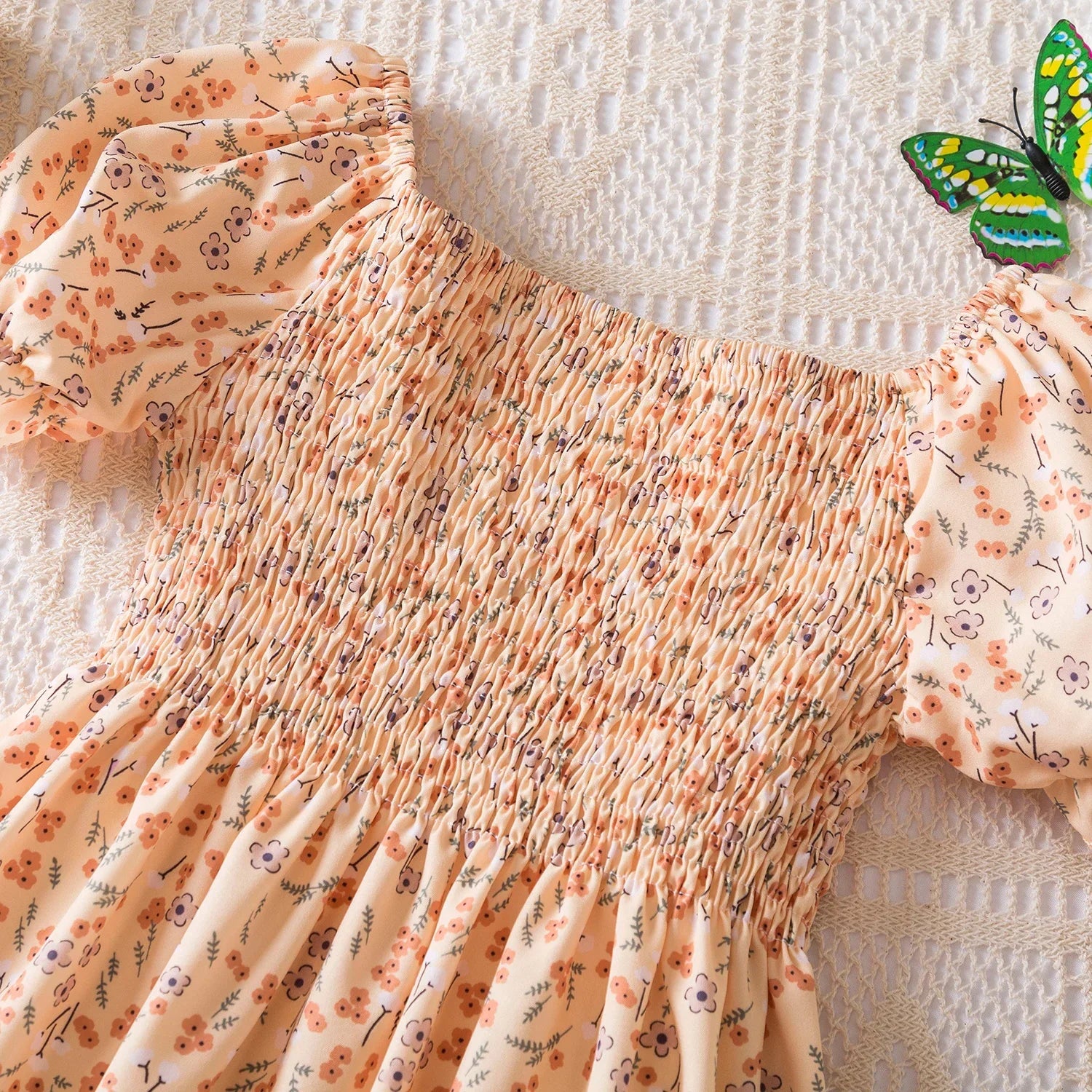 Baby Girls Floral Short Sleeve Dress Casual Summer Outfit for Kids in soft peach with puff sleeves and floral print