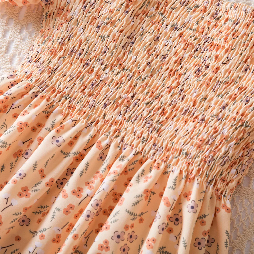 Close-up of Baby Girls Floral Short Sleeve Dress Casual Summer Outfit for Kids with pink and purple flowers