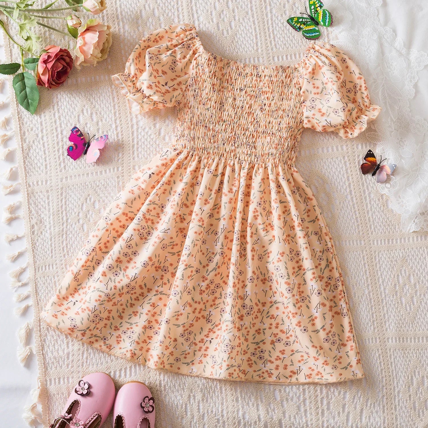 Baby Girls Floral Short Sleeve Dress Casual Summer Outfit for Kids in light peach with small floral print and puff sleeves