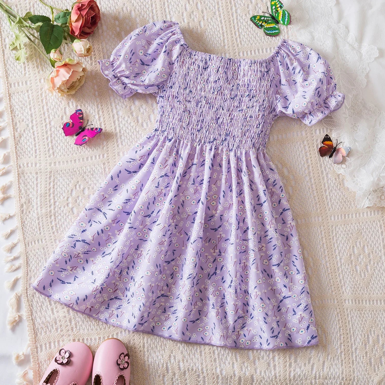 Baby Girls Floral Short Sleeve Dress Casual Summer Outfit for Kids in light purple with puff sleeves