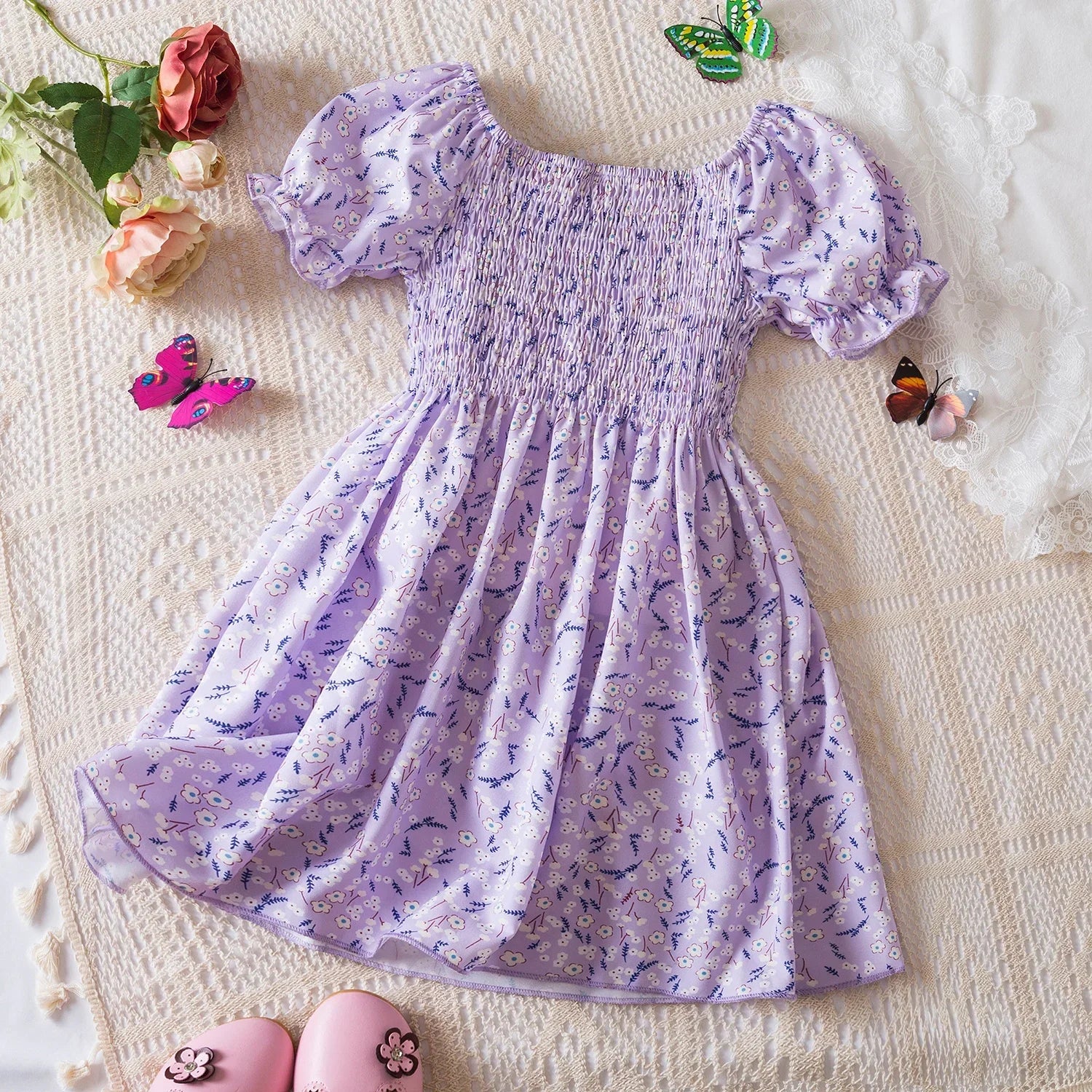 Baby Girls Floral Short Sleeve Dress Casual Summer Outfit for Kids in lavender with puff sleeves and floral print