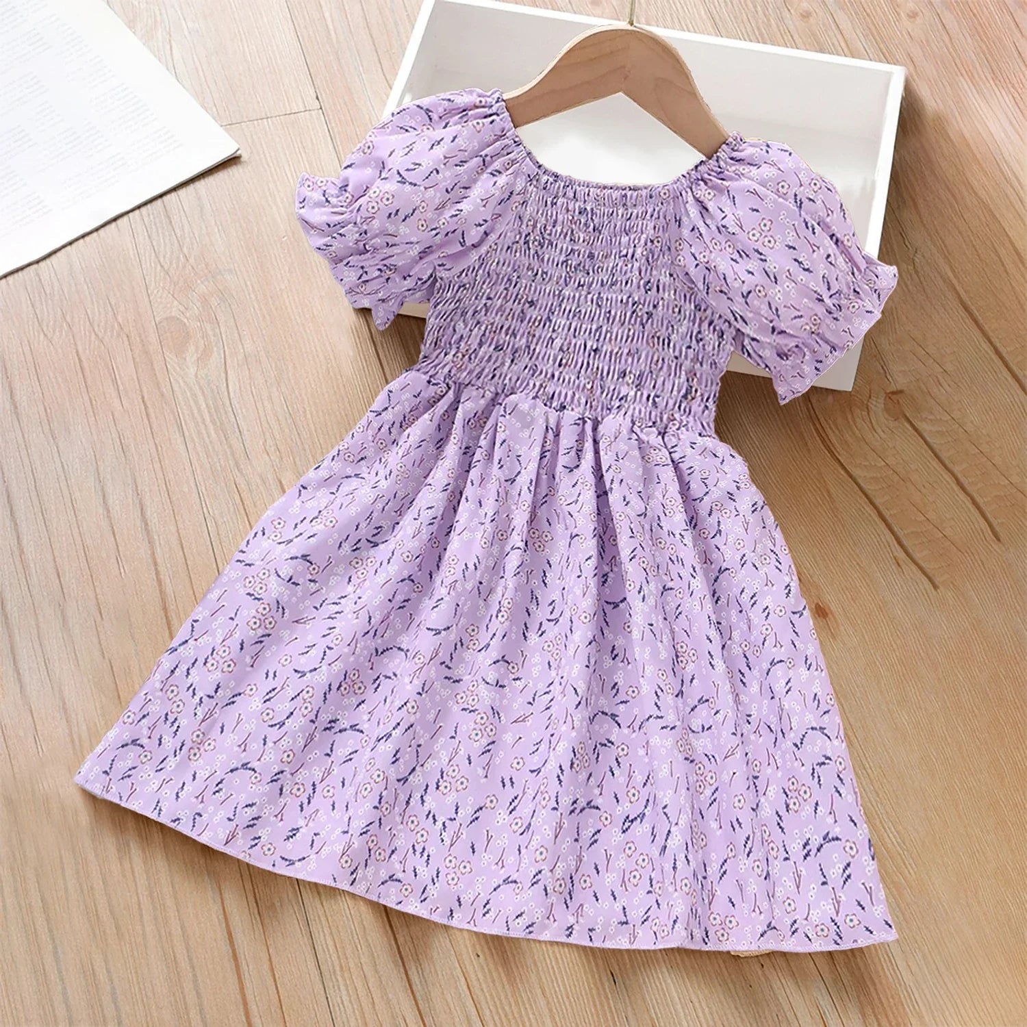 Girls Floral Short Sleeve Dress Casual Holiday Outfit for Little Girls in light purple with puff sleeves and floral pattern