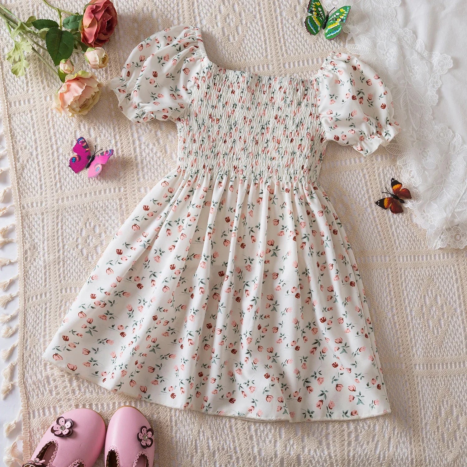 Baby Girls Floral Short Sleeve Dress   Casual Summer Outfit for Kids