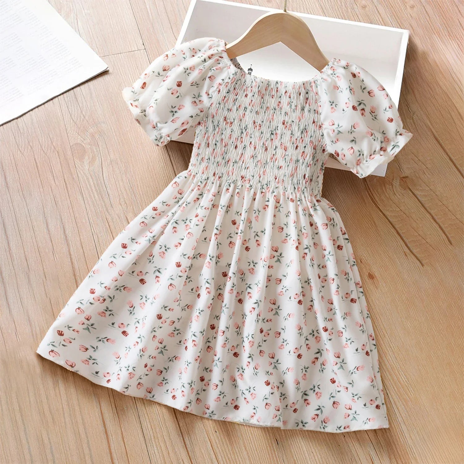 Baby Girls Floral Short Sleeve Dress Casual Summer Outfit for Kids with pink flower print and puff sleeves