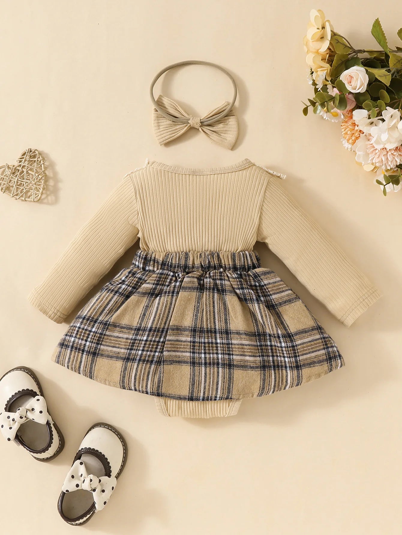 Baby Girls Long Sleeve Plaid With Bow beige ribbed knit dress with blue plaid skirt and matching bow headband