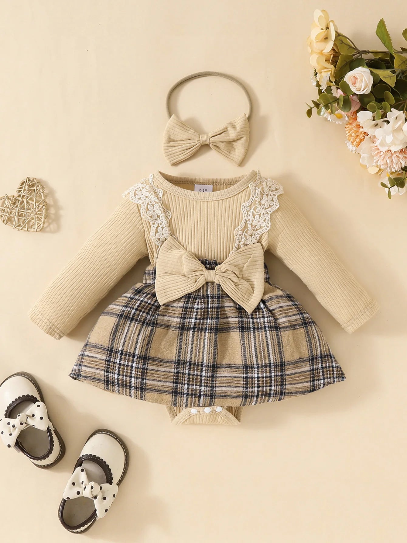 Baby Girls Long Sleeve Plaid With Bow beige dress set with lace and matching headband from Yamza Tots' Closet