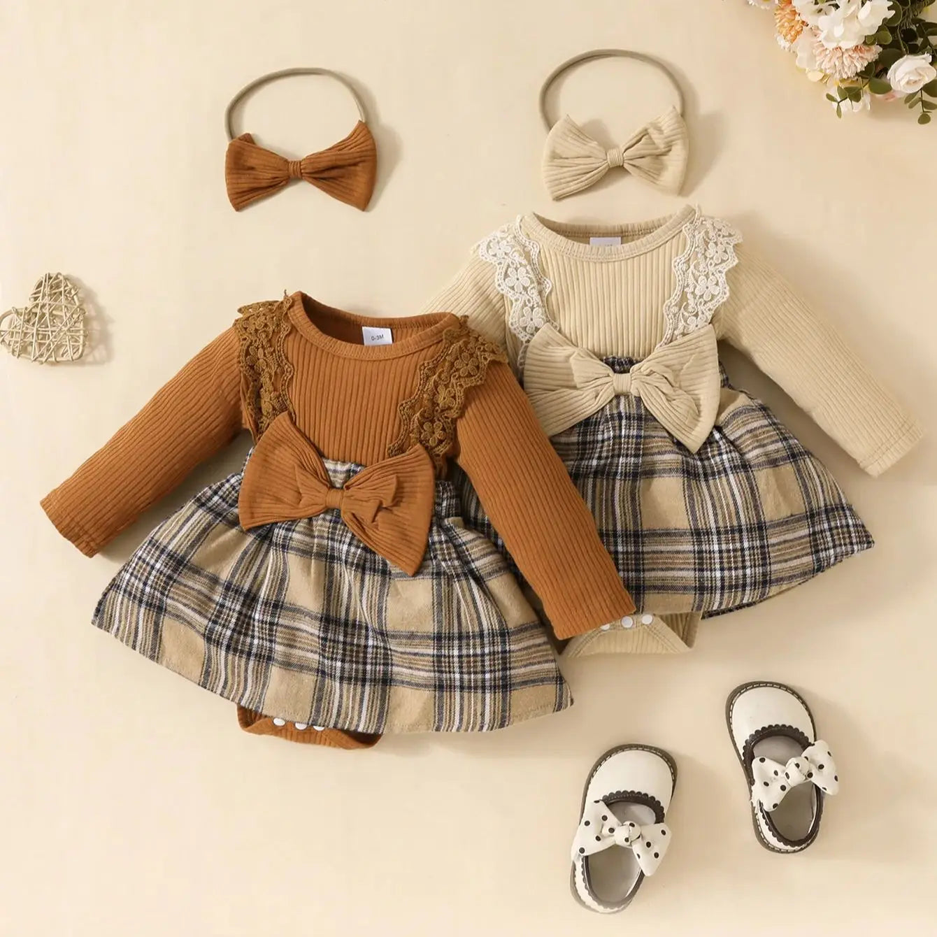 Baby Girls Long Sleeve Plaid With Bow dresses in brown and beige with matching headbands and shoes