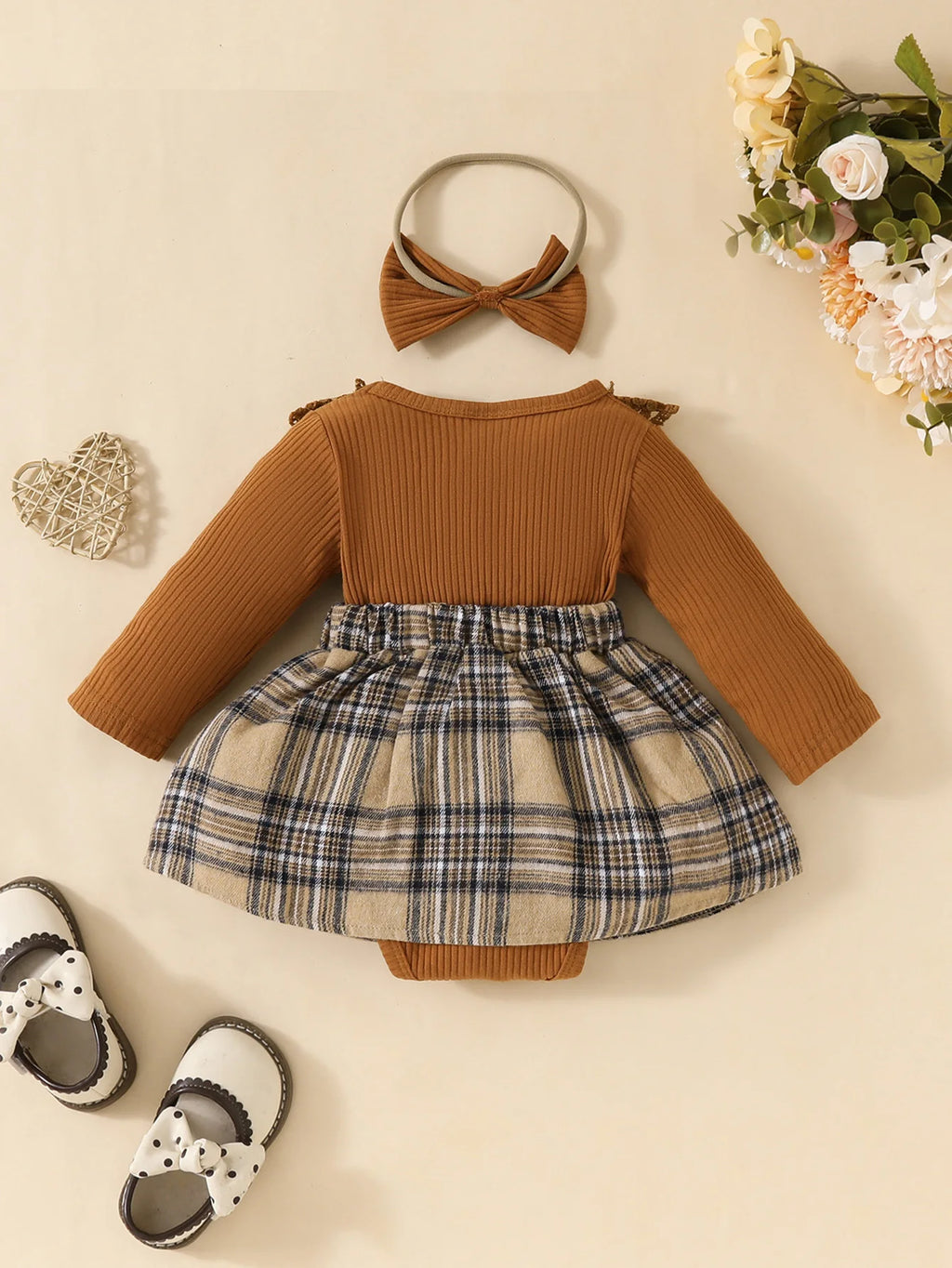 Baby Girls Long Sleeve Plaid With Bow dress set including headband and shoes from Yamza Tots' Closet