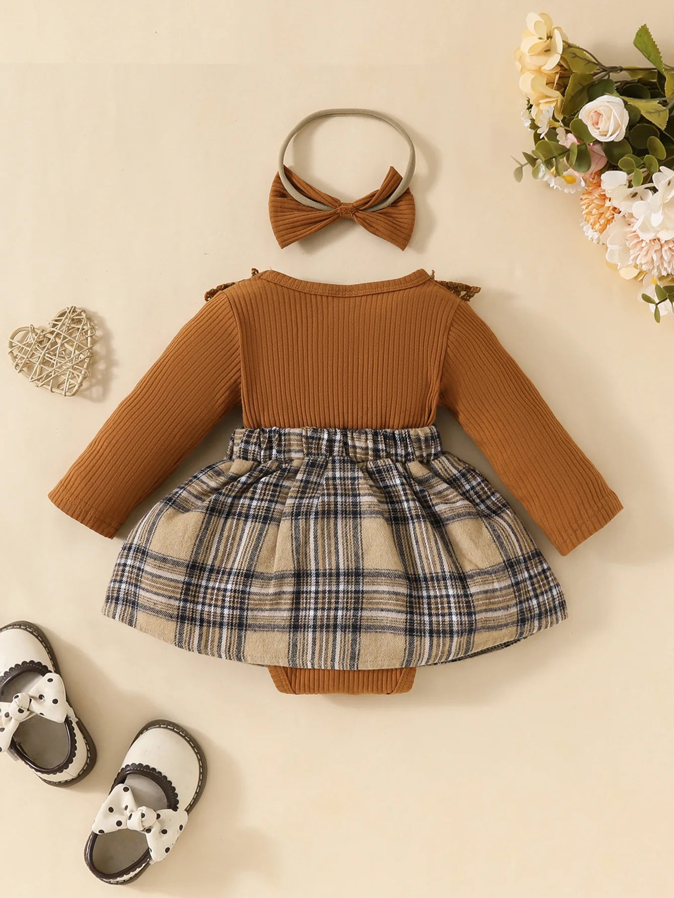 Baby Girls Long Sleeve Plaid With Bow dress set including headband and shoes from Yamza Tots' Closet