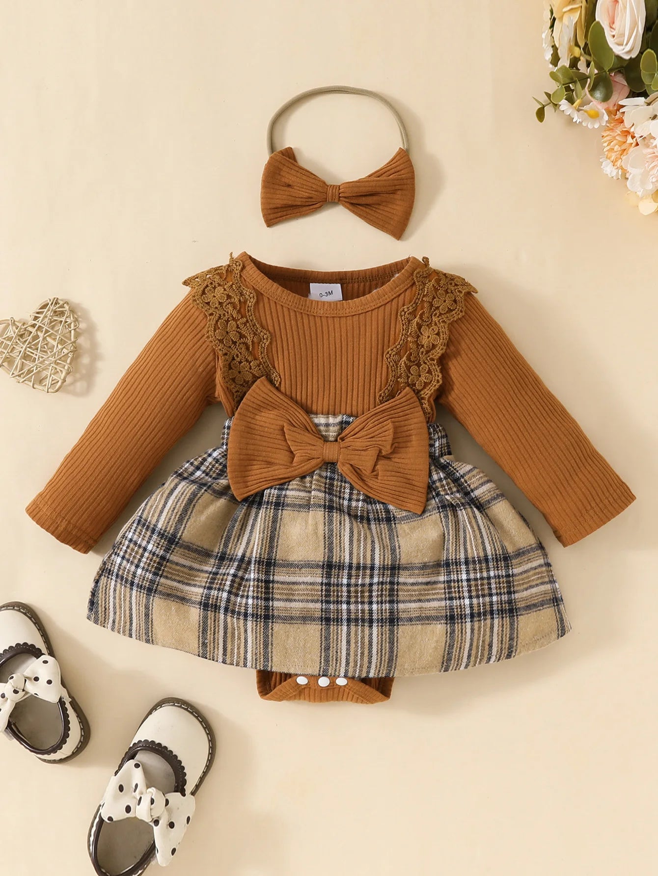 Baby Girls Long Sleeve Plaid With Bow dress in brown and beige with matching headband and shoes