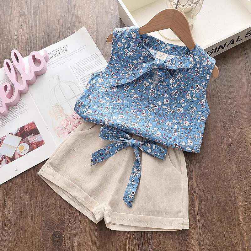 Baby Girls Sleeveless Vest Shorts 2Pcs Sets with blue floral top and beige shorts from Yamza Tots' Closet