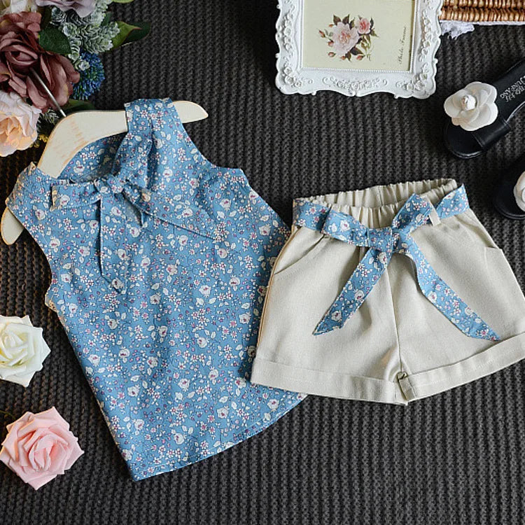 Baby Girls Sleeveless Vest Shorts 2Pcs Sets with blue floral vest and beige shorts with matching belt