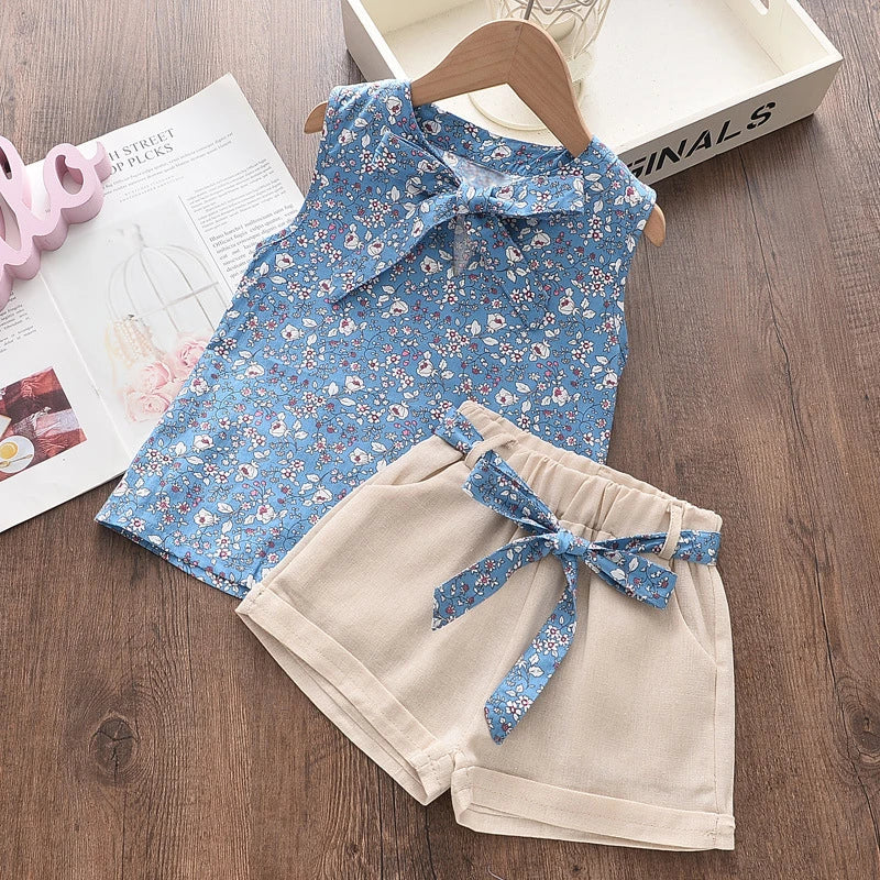 Baby Girls Sleeveless Vest Shorts 2Pcs Sets with blue floral top and beige shorts with bow belt