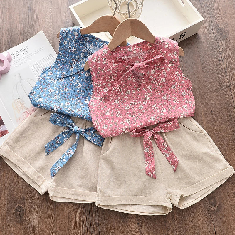 Baby Girls Sleeveless Vest Shorts 2Pcs Sets with floral sleeveless tops and beige shorts by Yamza Tots' Closet