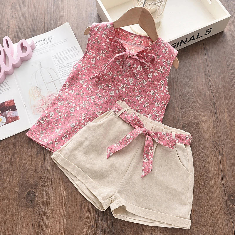Baby Girls Sleeveless Vest Shorts 2Pcs Sets with pink floral vest and beige shorts with matching belt