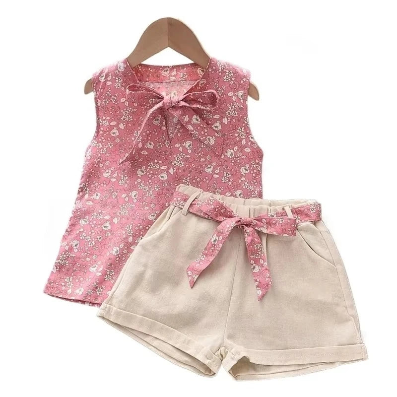 Yamza Tots' Closet Baby Girls Sleeveless Vest Shorts 2Pcs Sets with pink floral vest and beige shorts