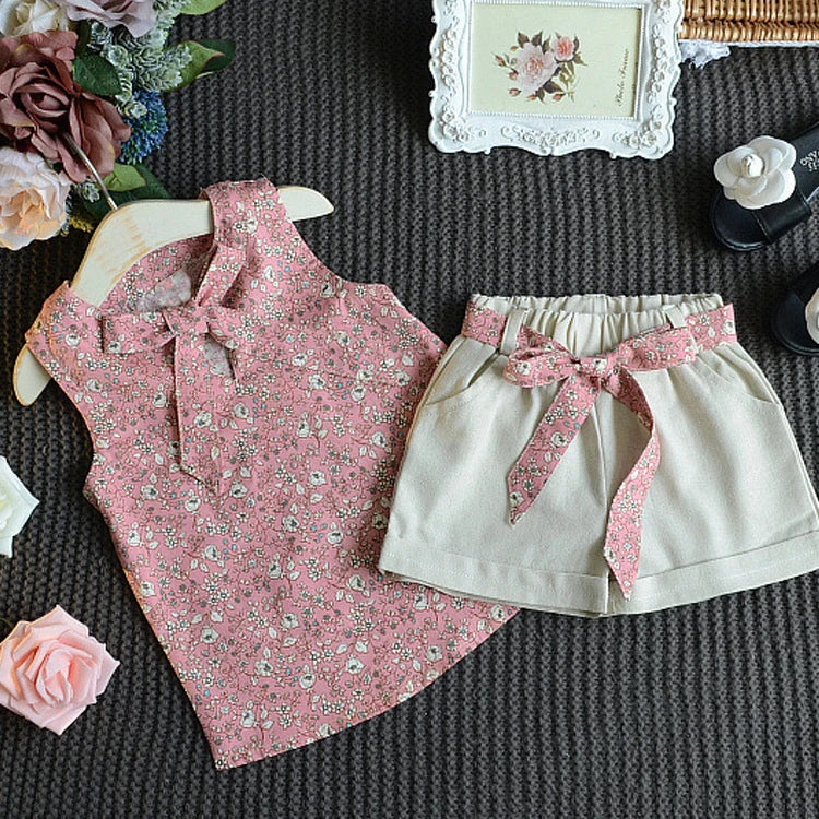Baby Girls Sleeveless Vest Shorts 2Pcs Sets with pink floral vest and beige shorts with pink bow