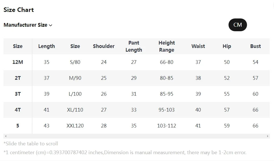 Size chart for Baby Girls Sleeveless Vest Shorts 2Pcs Sets by Yamza Tots' Closet with lengths, widths, and measurements in centimeters
