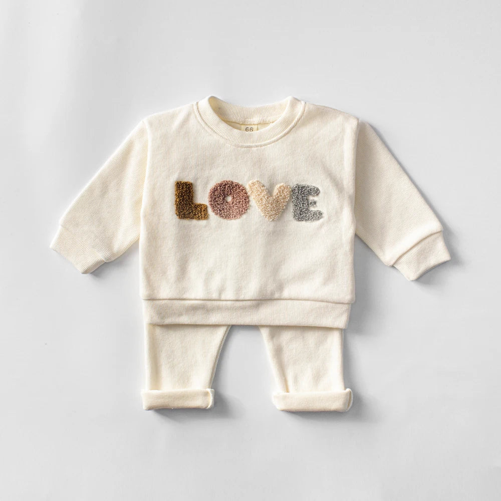 Baby Hoodie Sweatshirt Set Cotton Top and Pants Outfit for Spring Autumn in cream with love lettering 
