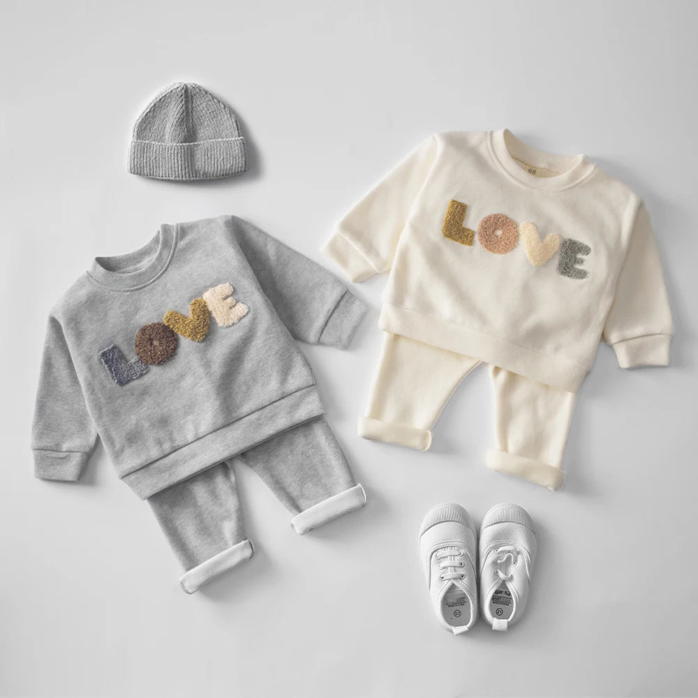 Baby Hoodie Sweatshirt Set cotton top and pants outfit for spring autumn in gray and cream with LOVE design
