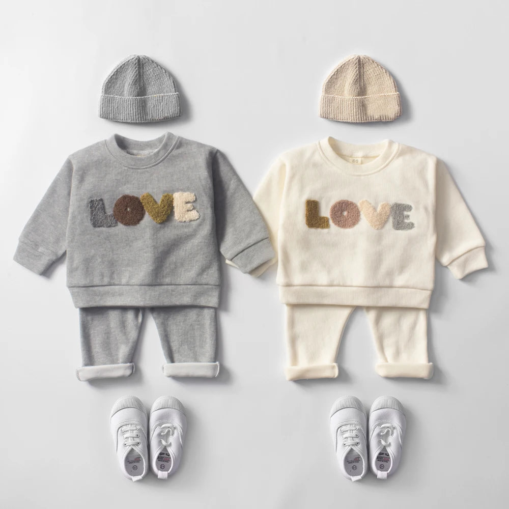 Baby Hoodie Sweatshirt Set Cotton Top and Pants Outfit for Spring Autumn in gray and cream with matching hats and white shoes