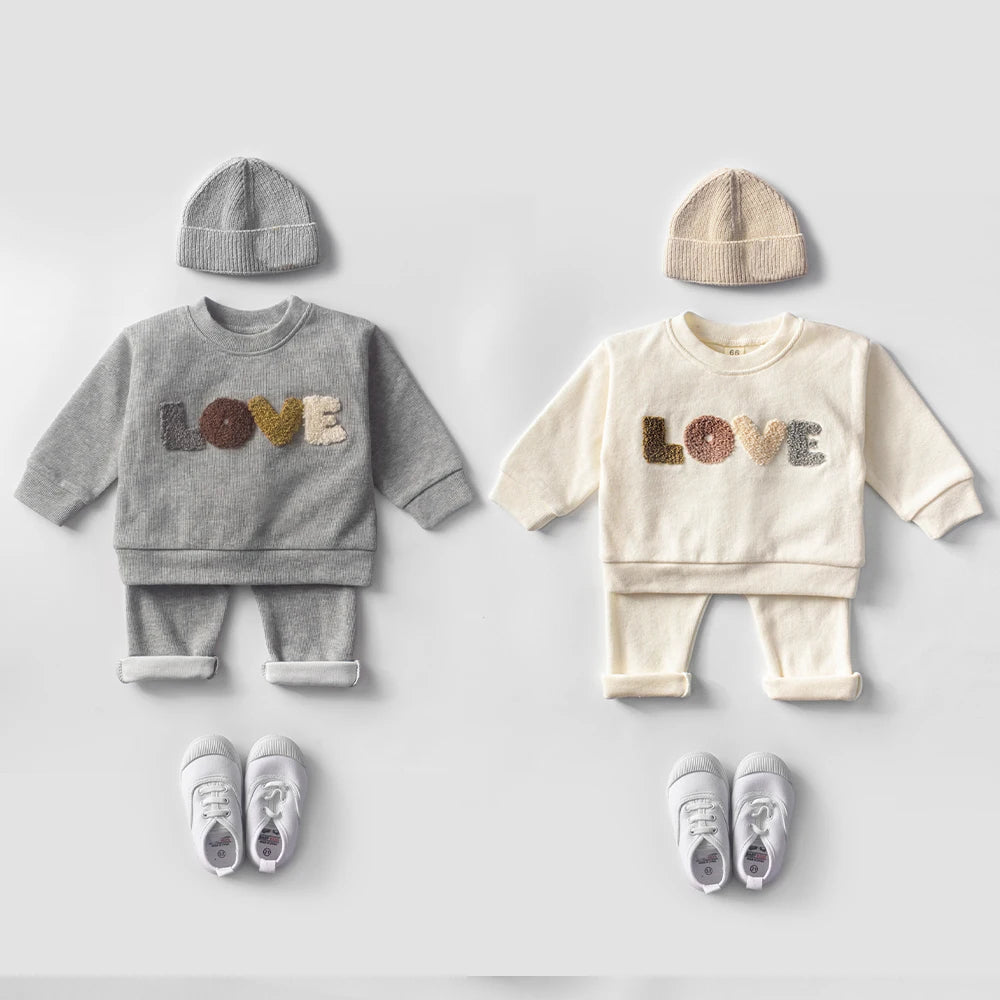 Baby Hoodie Sweatshirt Set Cotton Top and Pants Outfit for Spring Autumn in gray and cream with matching hats and shoes