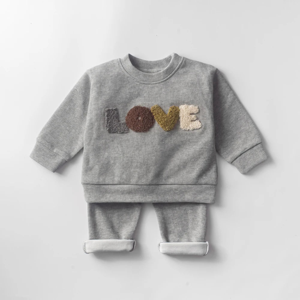 Baby Hoodie Sweatshirt Set Cotton Top and Pants Outfit for Spring Autumn with grey LOVE design
