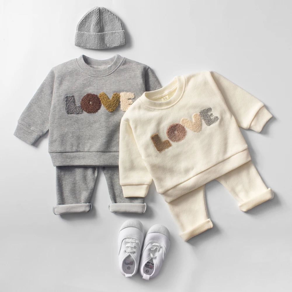 Baby Hoodie Sweatshirt Set Cotton Top and Pants Outfit for Spring Autumn in cream and gray with love text design