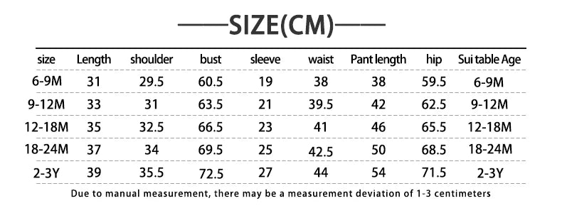Size chart for Baby Hoodie Sweatshirt Set Cotton Top and Pants Outfit for Spring Autumn by Yamza Tots Closet