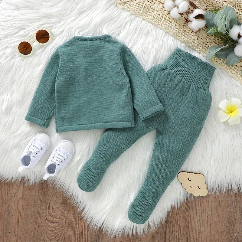 Baby Knit Sweater Set 2PC Warm Pullover and Pants for Autumn Fashion in soft green knit with matching pants