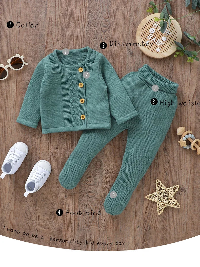 Baby Knit Sweater Set 2PC Warm Pullover and Pants for Autumn Fashion in green with button details and footed pants