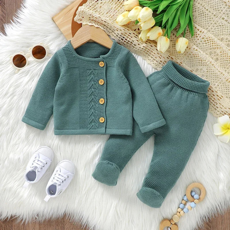 Baby Knit Sweater Set 2PC Warm Pullover and Pants for Autumn Fashion in green with wooden buttons